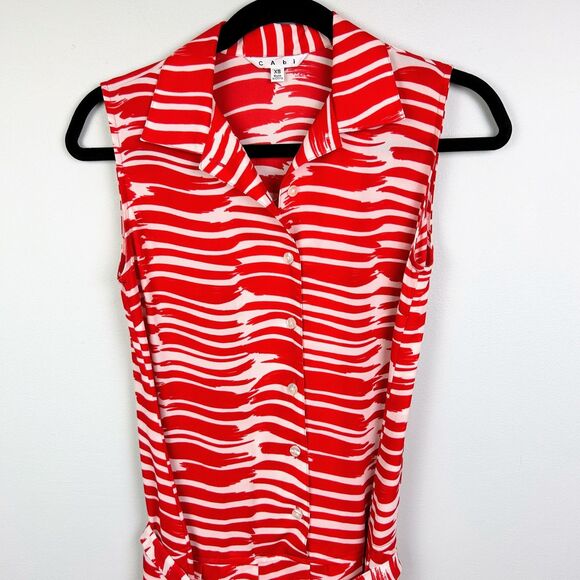 Cabi Brushstroke Button Down Sleeveless Dress Red White Striped Fit & Flare XS - Picture 4 of 14